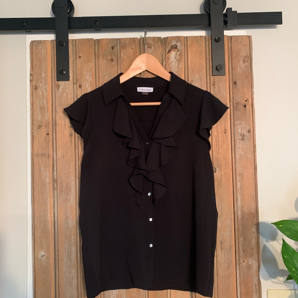 Calvin Klein Black Ruffled Cap Sleeve Blouse